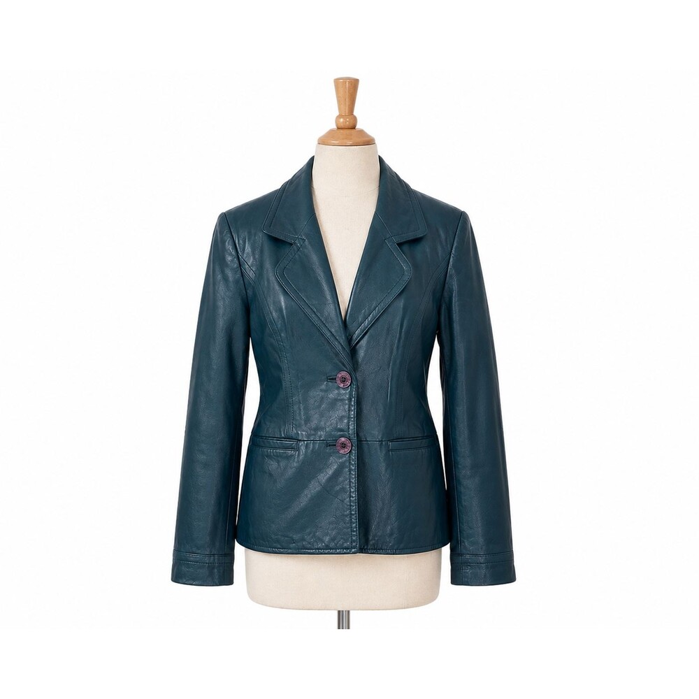 i.e. Vintage Leather Jacket Women's Medium Blue Button Front Lined Short Pockets